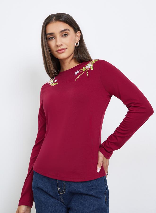 Styli Burgundy Embroidered Floral Long Sleeve T-Shirt - Image 1